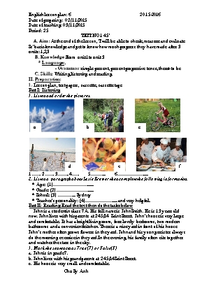 Đề kiểm tra 1 tiết số 1 môn Tiếng Anh Lớp 6 - Năm học 2015-2016 (Có đáp án)